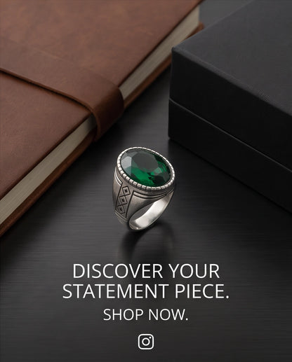 Emerald Gemstone Notched Bezel Geometric Diamond Silver Ring