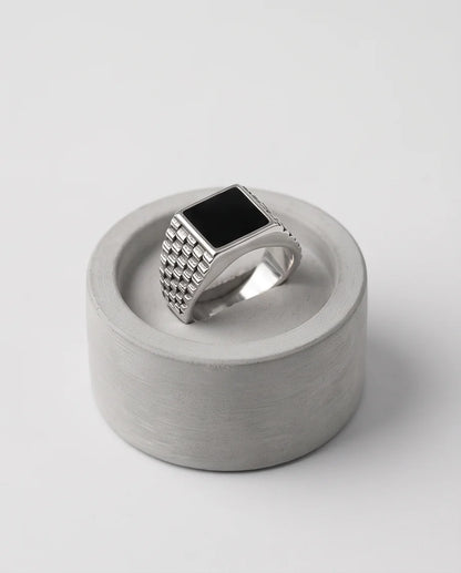 Onyx-Style Square Inlay Brick-Link Band Silver Ring