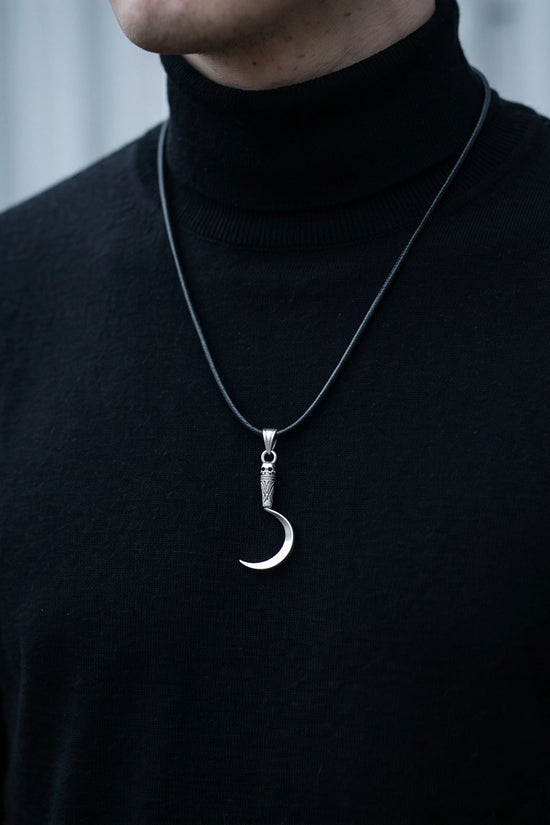 The Reaper's Crescent: Gothic Skull Sickle Pendant Necklace