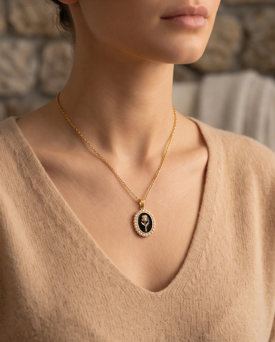 Gold Pearl Frame Black Enamel Rose Oval Pendant Necklace