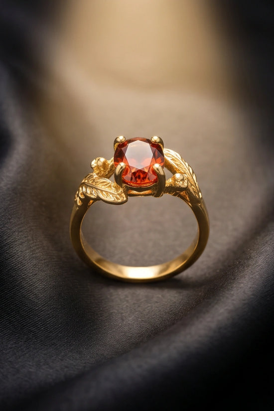 Golden Amber Garnet Botanical Leaf Ring