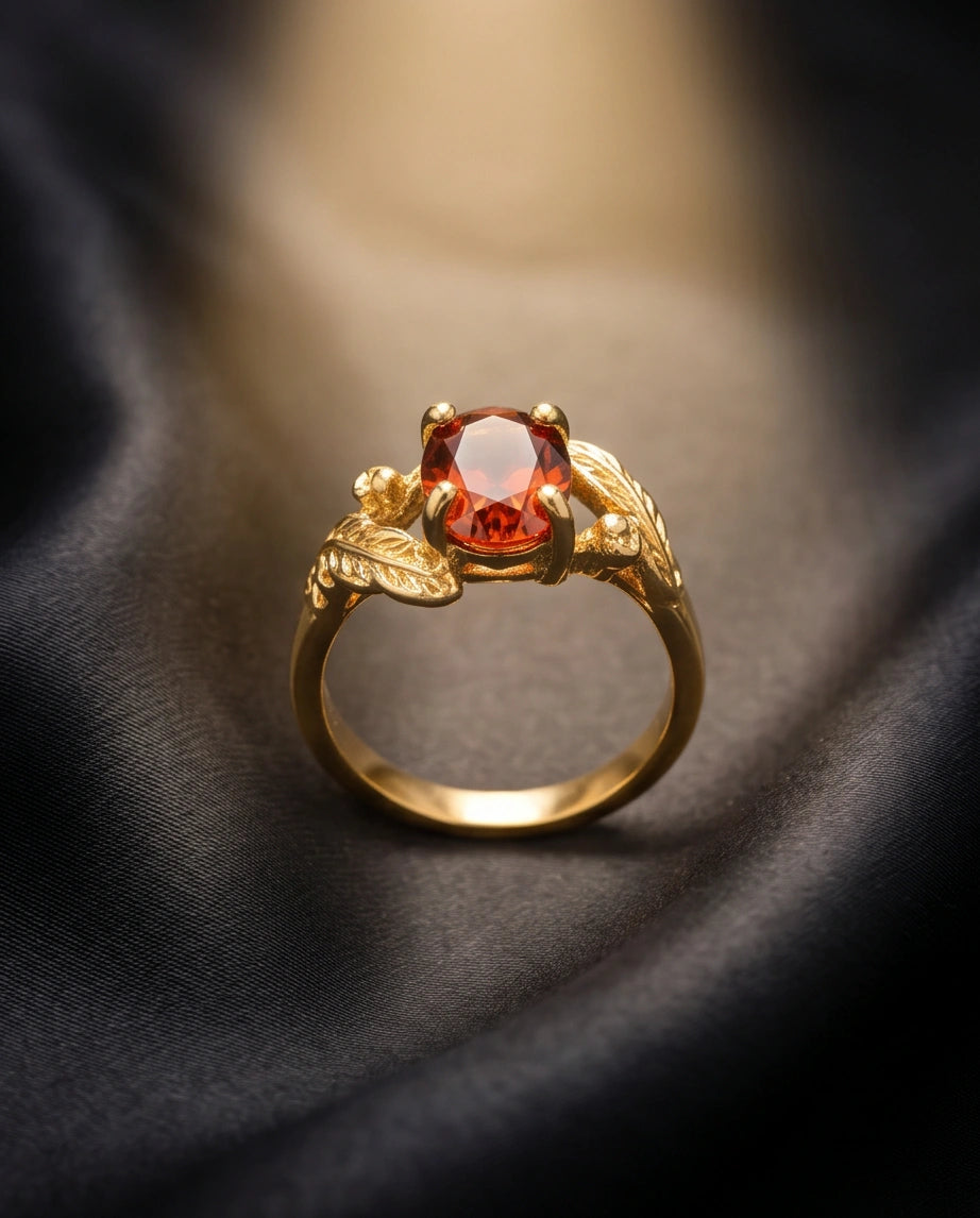 Golden Amber Garnet Botanical Leaf Ring