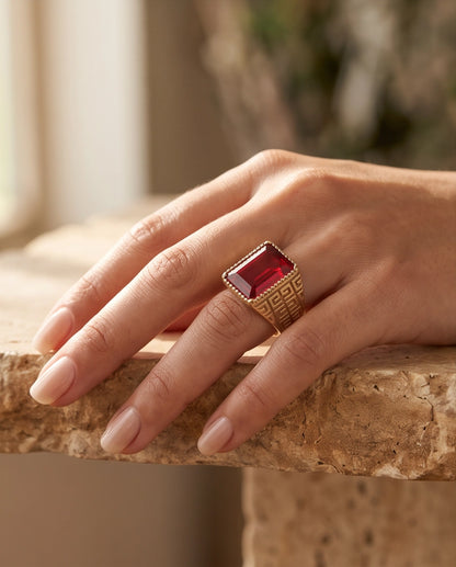 Ruby Red Emerald-Cut Gemstone Beaded Bezel Greek Key Gold Ring