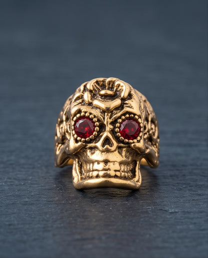 Ruby-Eyed Beaded Bezel Filigree Skull Gold Ring