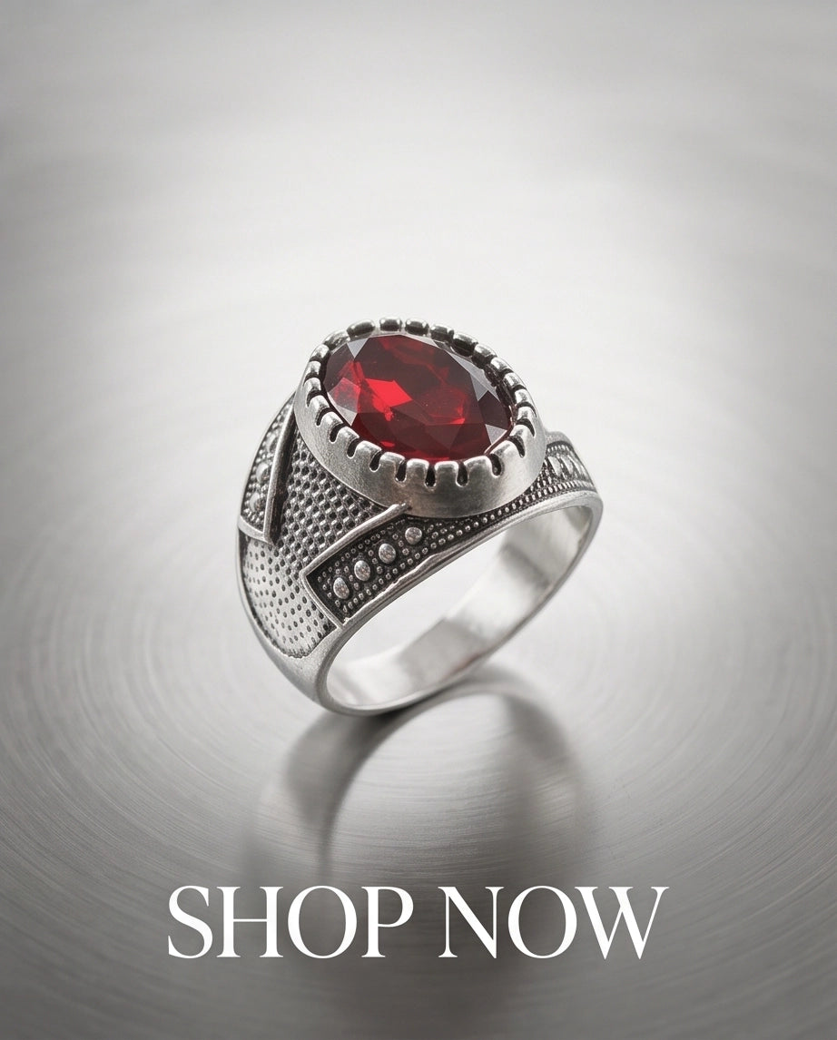 Ruby Gemstone Notched Bezel Stippled Silver Ring
