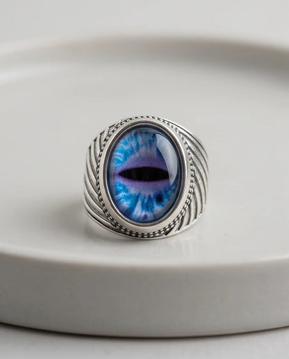 Sapphire Frost Slit-Pupil Beaded Silver Ring