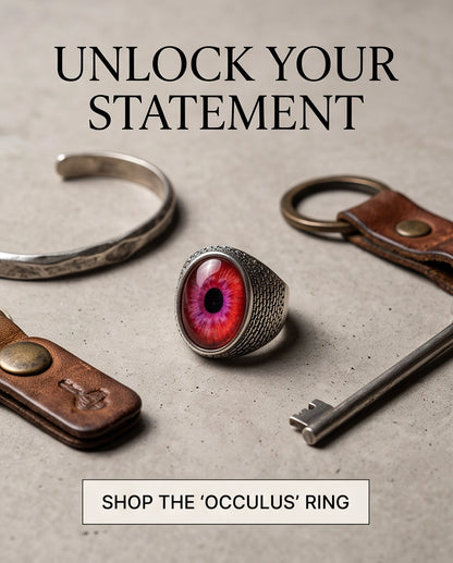 Crimson Evil Eye Cabochon Scale-Band Silver Ring