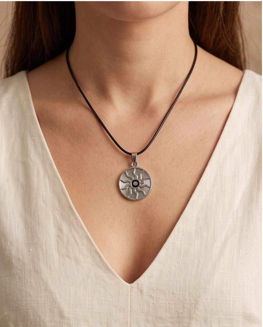 Silver Celestial Sunburst Medallion Cord Necklace