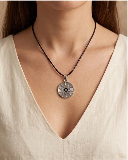 Silver Celestial Sunburst Medallion Cord Necklace