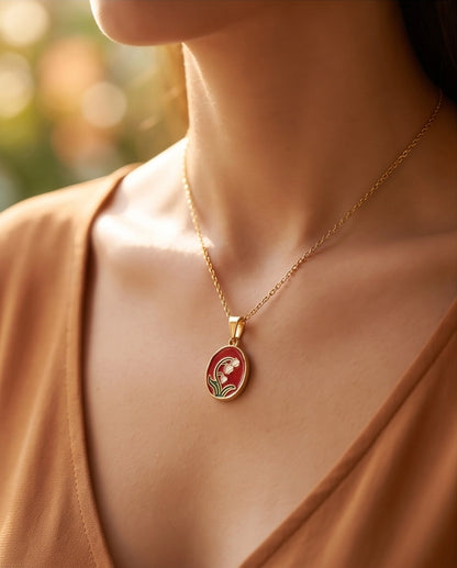 Gold Red Lily of the Valley Enamel Medallion Chain Necklace