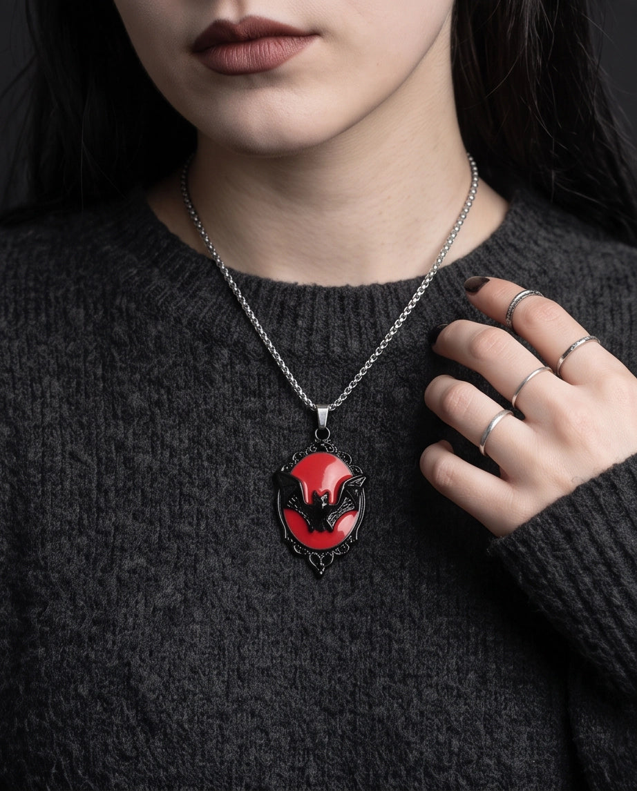 Black Gothic Bat Red Enamel Medallion Chain Necklace