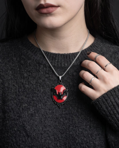Black Gothic Bat Red Enamel Medallion Chain Necklace