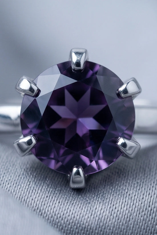 Sterling Silver Amethyst Purple Round Cut Solitaire Ring