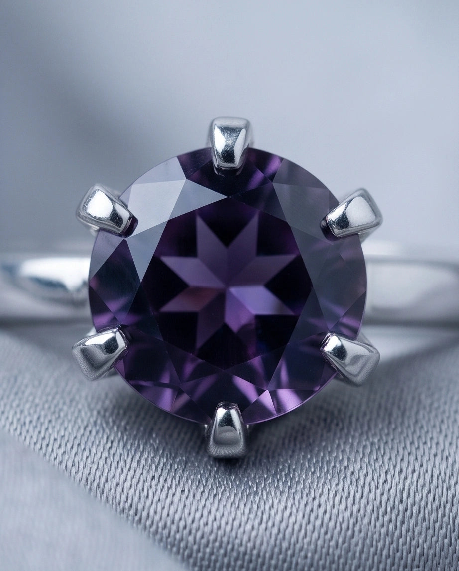 Sterling Silver Amethyst Purple Round Cut Solitaire Ring