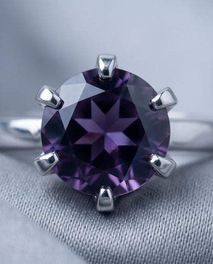 Sterling Silver Amethyst Purple Round Cut Solitaire Ring