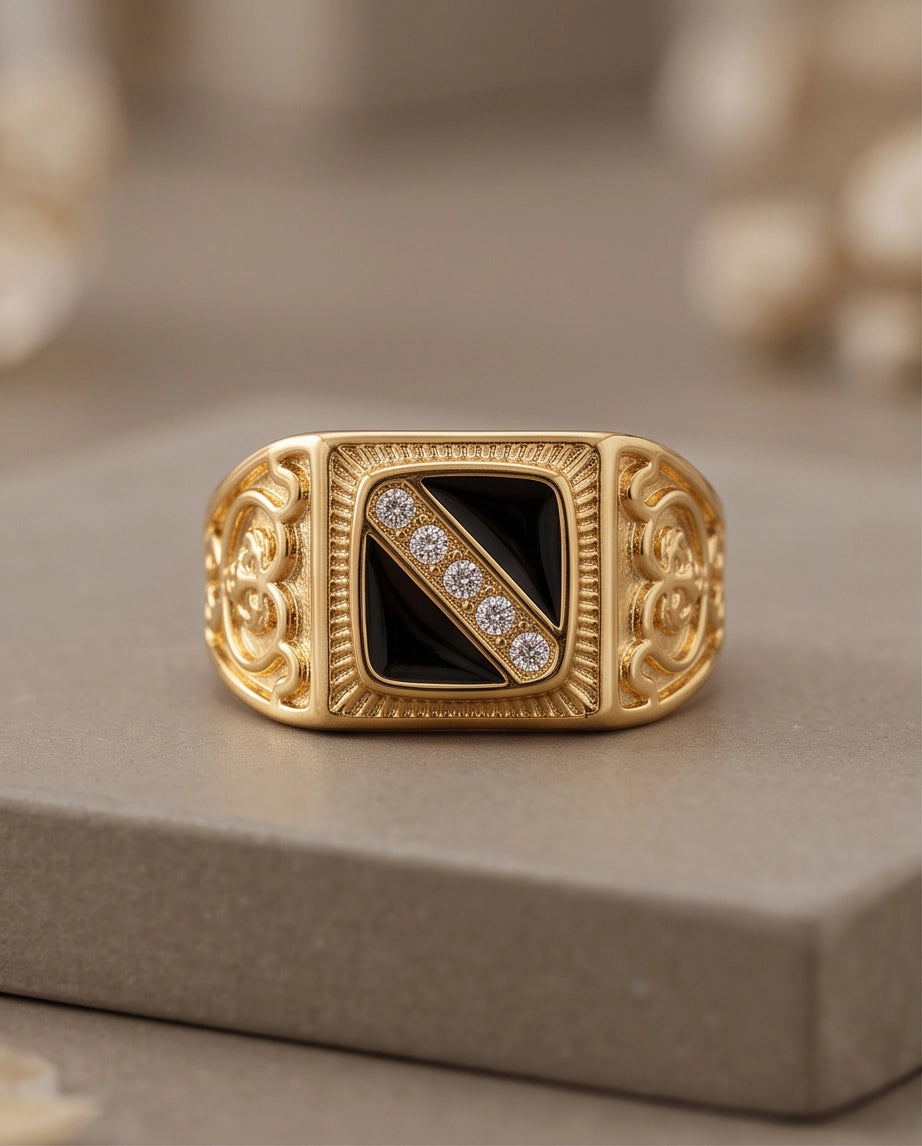 Onyx-Inlay Channel Pavé Diagonal Striped Filigree Gold Ring