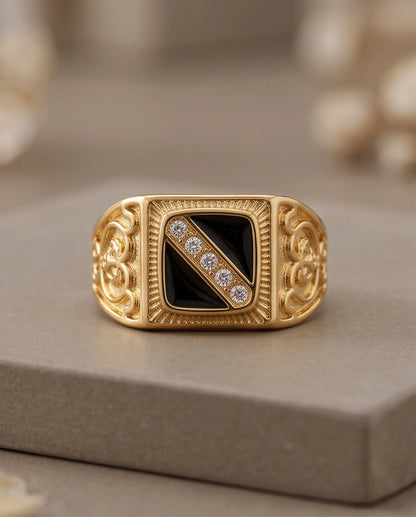Onyx-Inlay Channel Pavé Diagonal Striped Filigree Gold Ring