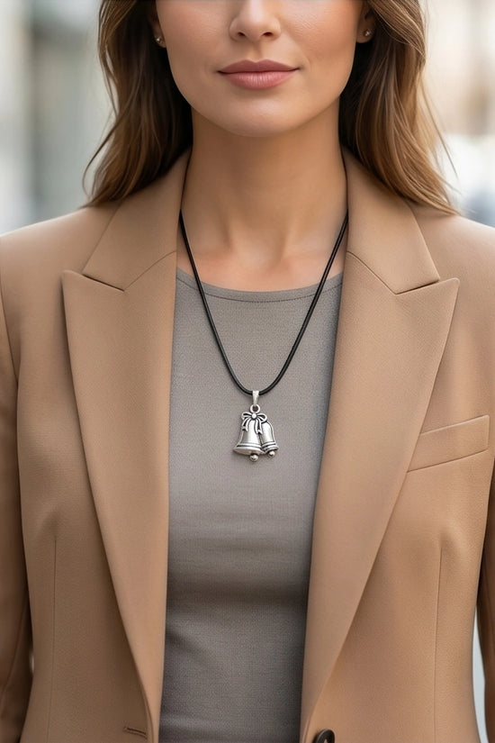 Silver Double Bells Ribbon Pendant Necklace