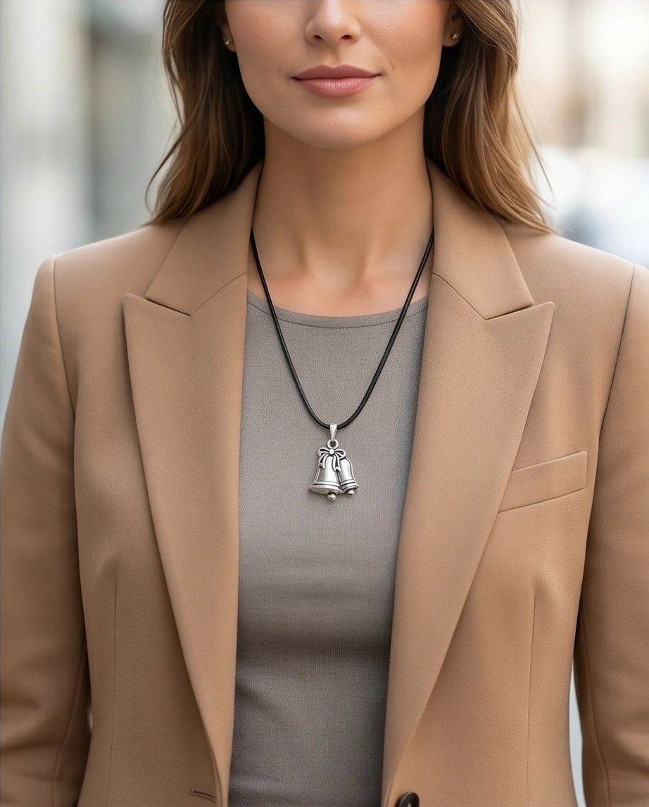 Silver Double Bells Ribbon Pendant Necklace