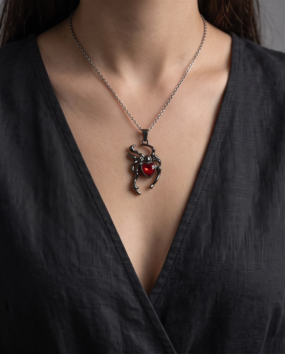 Black Spider Red Heart Crystal Gem Pendant Necklace
