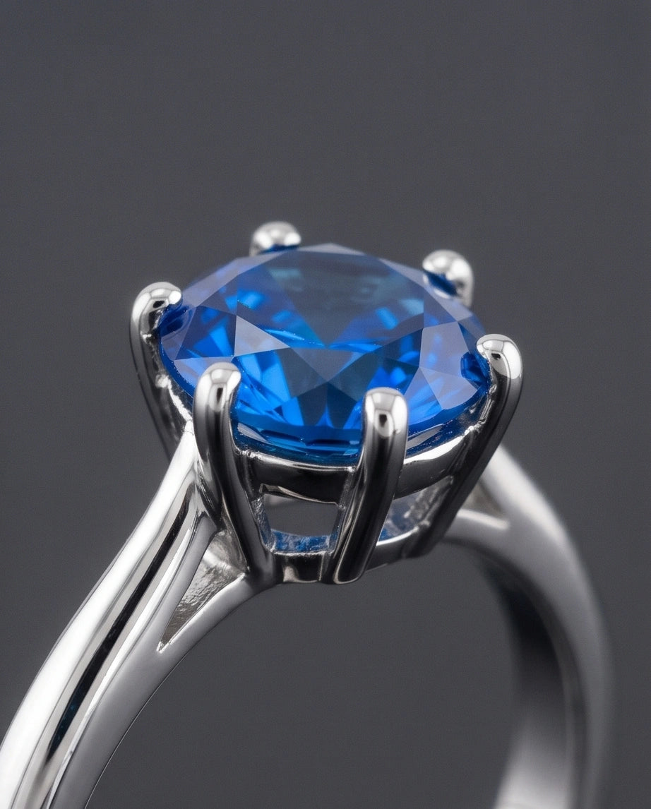 Sterling Silver Royal Blue Round Cut Solitaire Ring