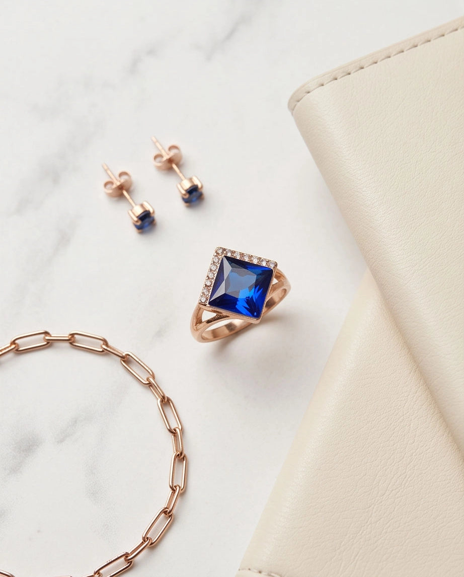 Gold Sapphire Princess-Cut Halo Ring