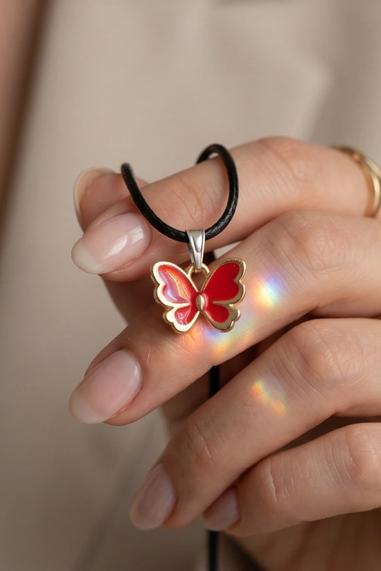 Gold and Red Butterfly Pendant Necklace