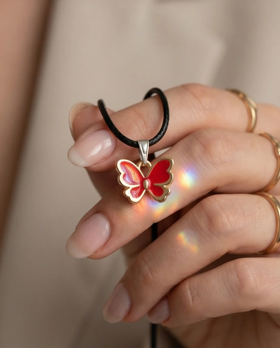 Gold and Red Butterfly Pendant Necklace