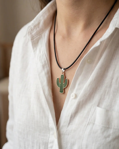 Gold and Green Cactus Pendant Necklace