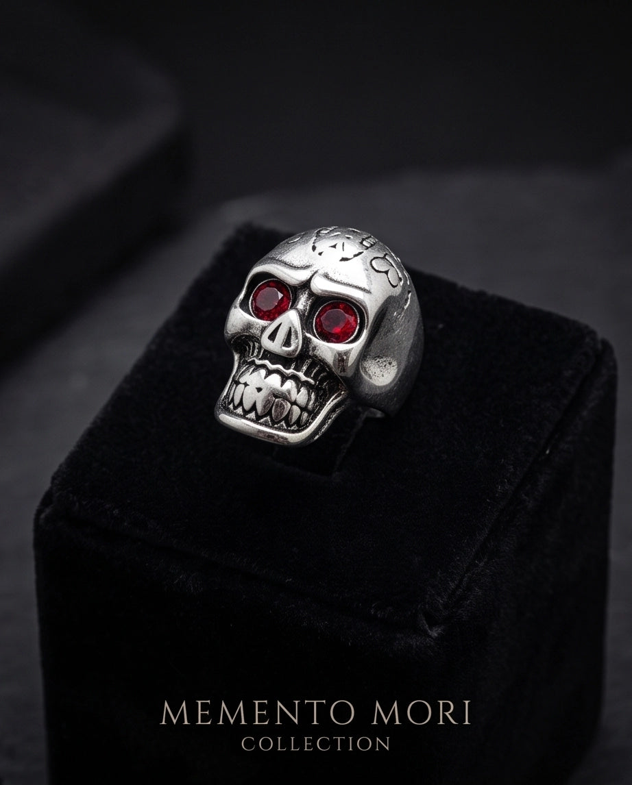 Red-Eyed Carved Crown Skull Ring