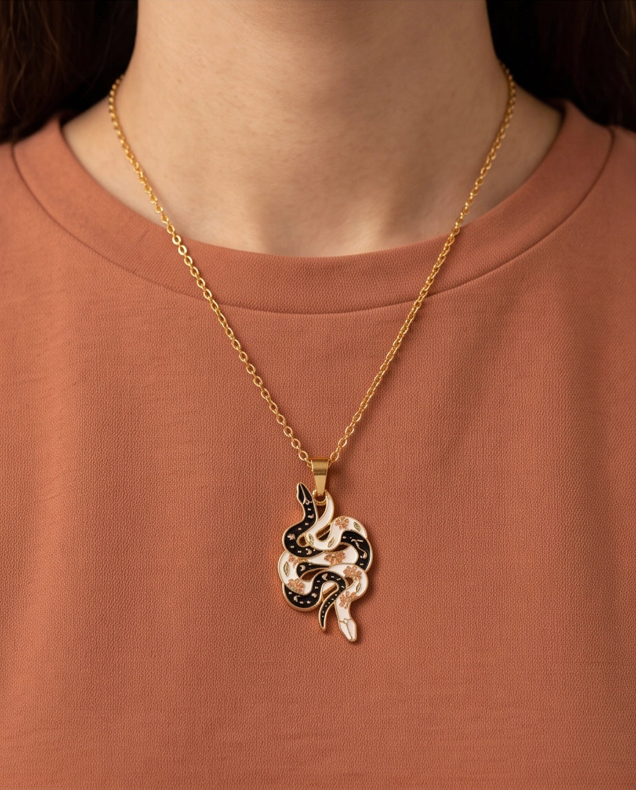 Gold Floral Serpent Enamel Pendant Necklace