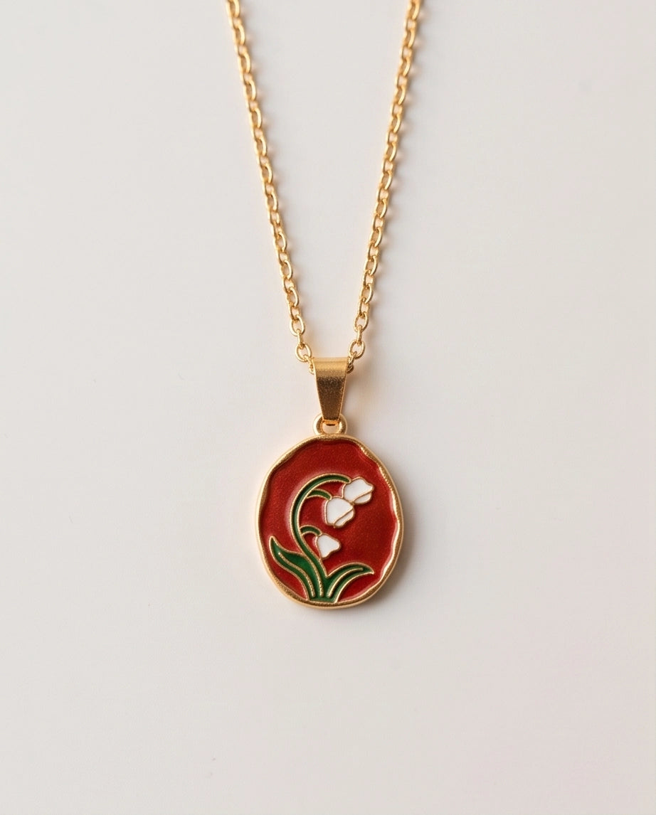 Gold Red Lily of the Valley Enamel Medallion Chain Necklace