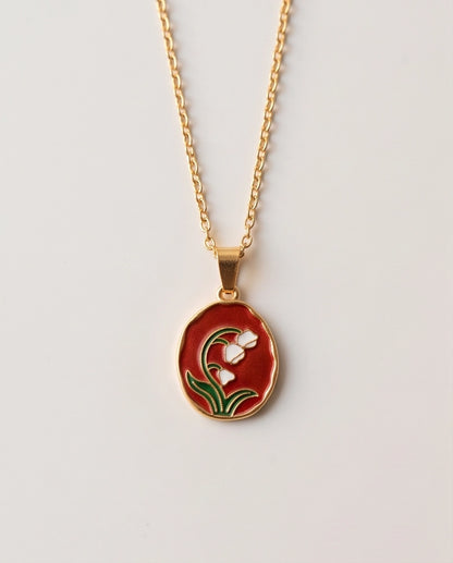 Gold Red Lily of the Valley Enamel Medallion Chain Necklace