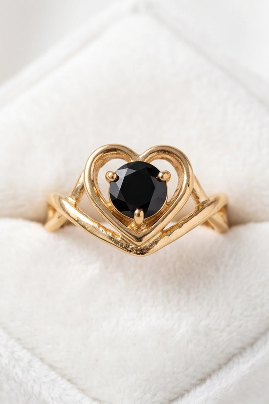 Gold Black Diamond Heart Openwork Ring