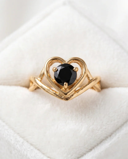 Gold Black Diamond Heart Openwork Ring