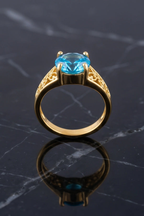 Golden Aquamarine Azure Filigree Ring