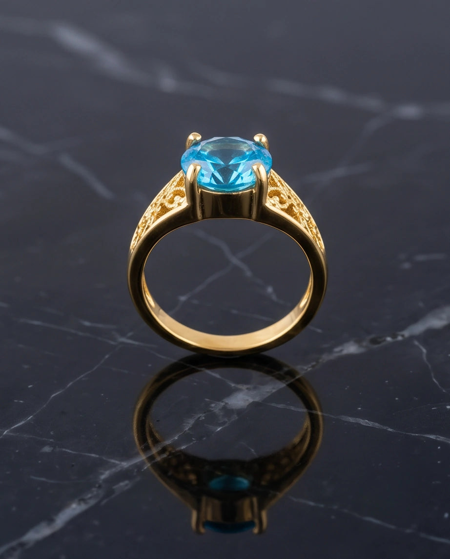 Golden Aquamarine Azure Filigree Ring