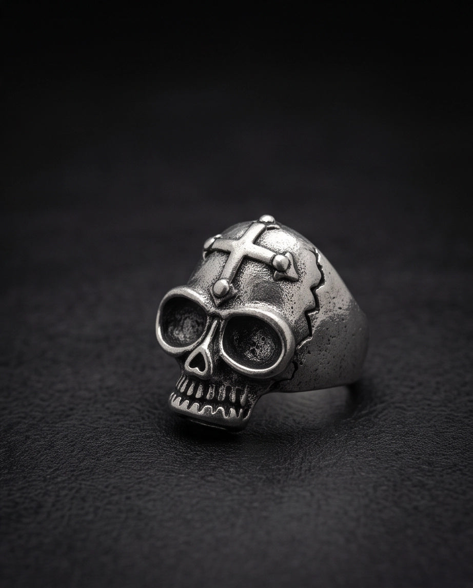 Gothic Cross-Embossed Anatomical Skull Silver Ring