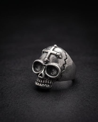 Gothic Cross-Embossed Anatomical Skull Silver Ring