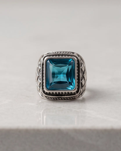 Radiant Cyan Princess-Cut Gemstone Ornate Bezel Silver Ring