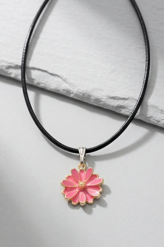 Pink Enamel Sunflower Pendant Necklace