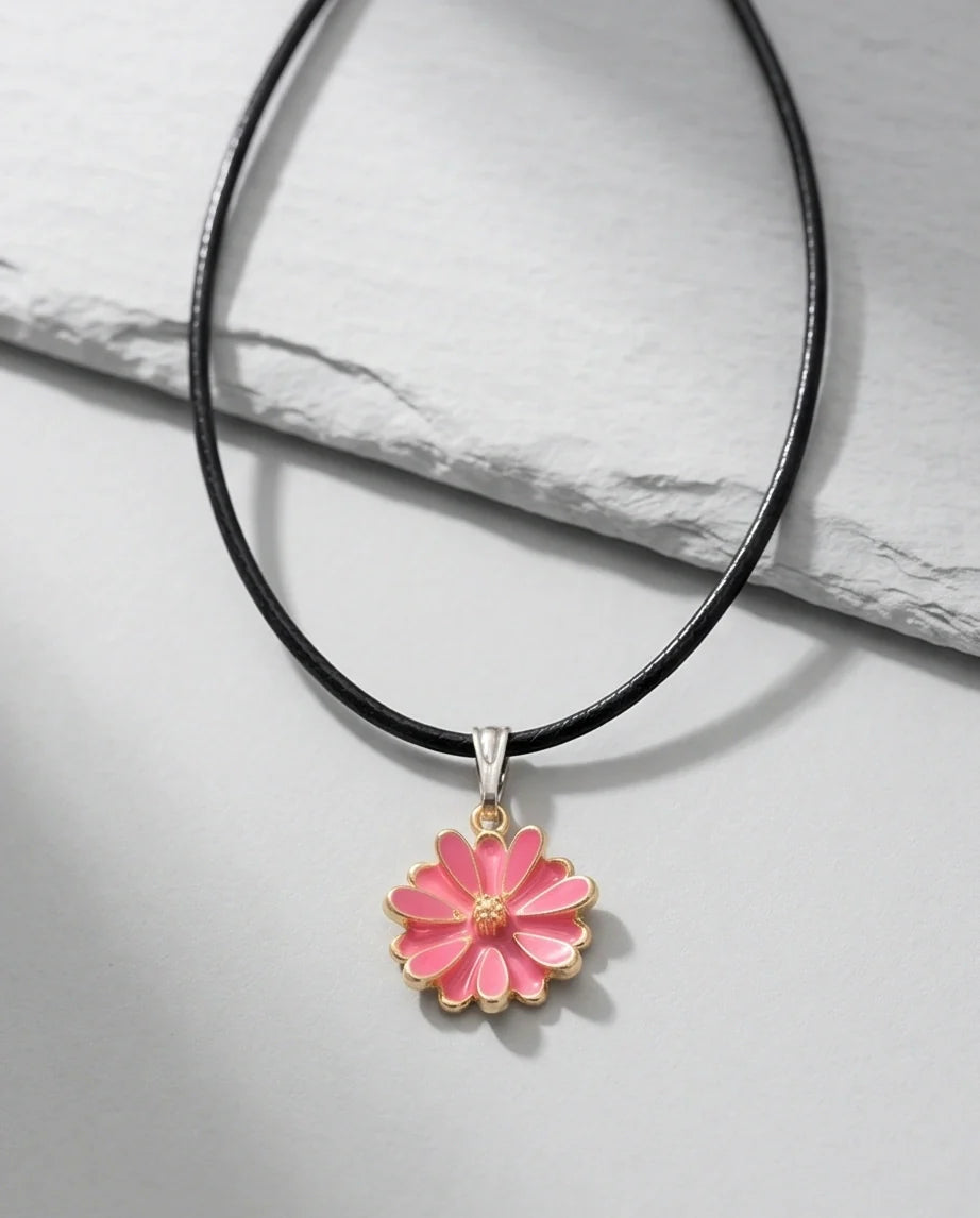 Pink Enamel Sunflower Pendant Necklace