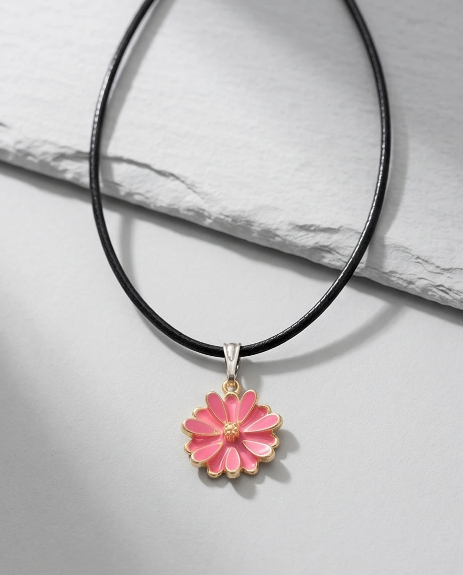 Pink Enamel Sunflower Pendant Necklace