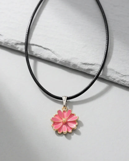 Pink Enamel Sunflower Pendant Necklace
