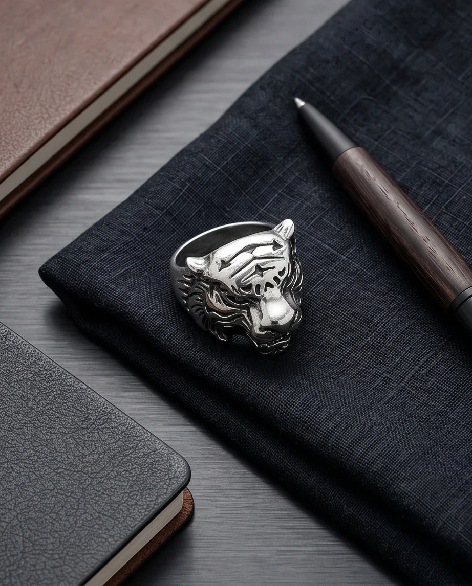 Vintage Silver Oxidized Roaring Tiger Head Statement Ring