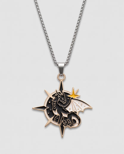 Gold Celestial Compass Dragon Black & White Enamel Pendant Necklace