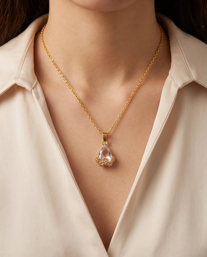 Gold Clear Teardrop Floral Basket Pendant Necklace