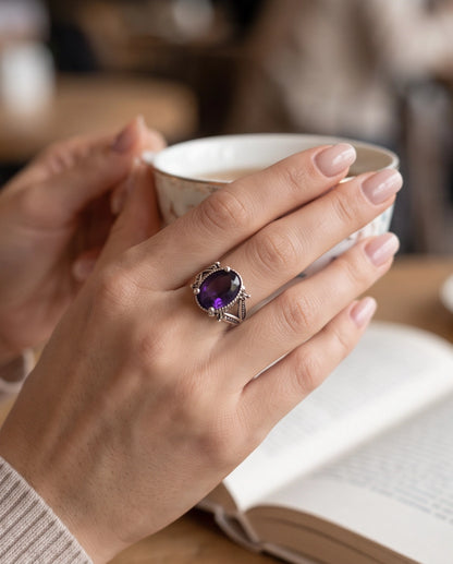 Amethyst Gemstone Fluted Bezel Sword-Cross Silver Ring