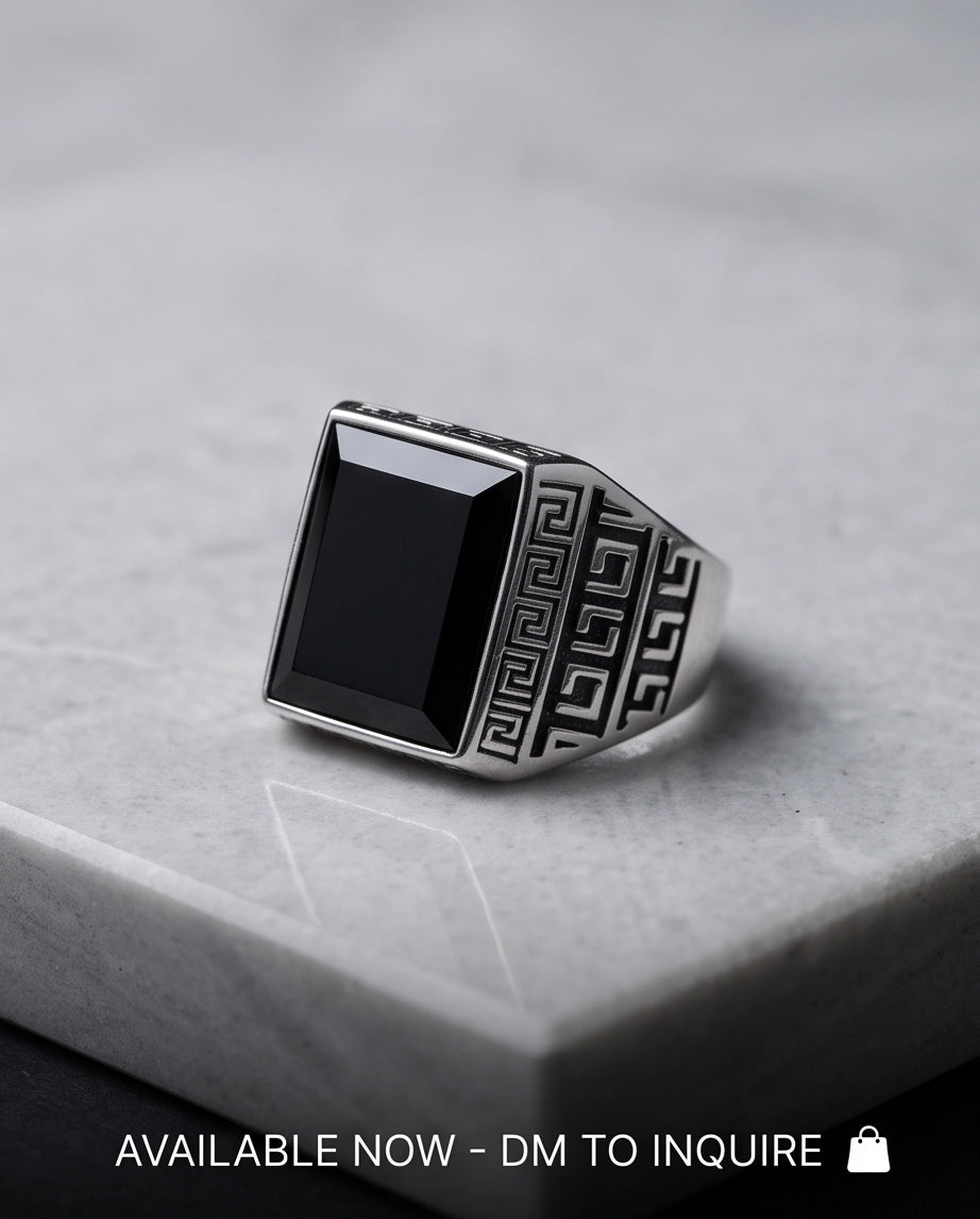 Black Onyx Emerald-Cut Gemstone Greek Key Silver Ring