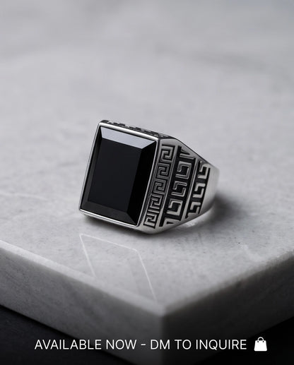 Black Onyx Emerald-Cut Gemstone Greek Key Silver Ring